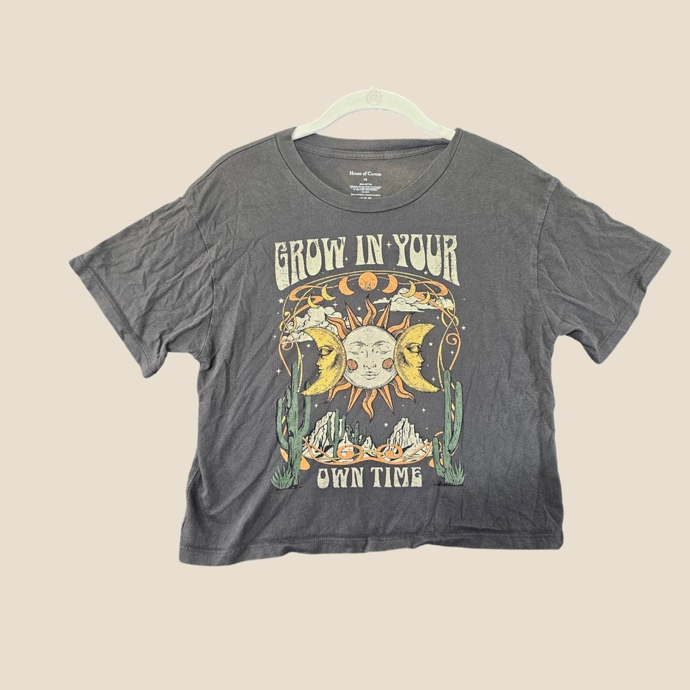 House of Cotton Graphic Tee Womens XS Gray Celestial Sun Moon Grow In Time
